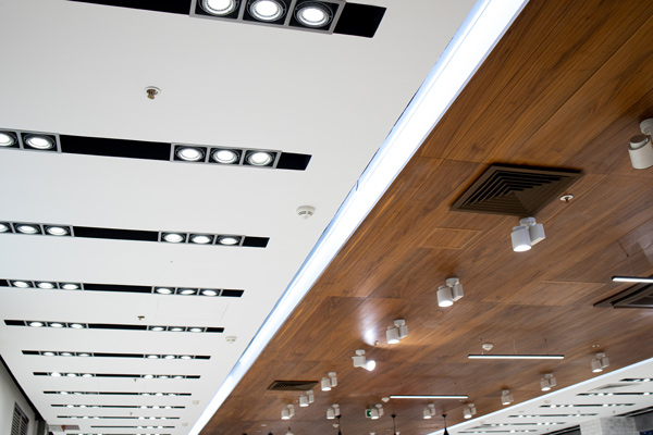 wooden office ceiling with air ducts and lights